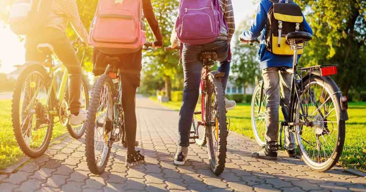 group of kids biking to school 