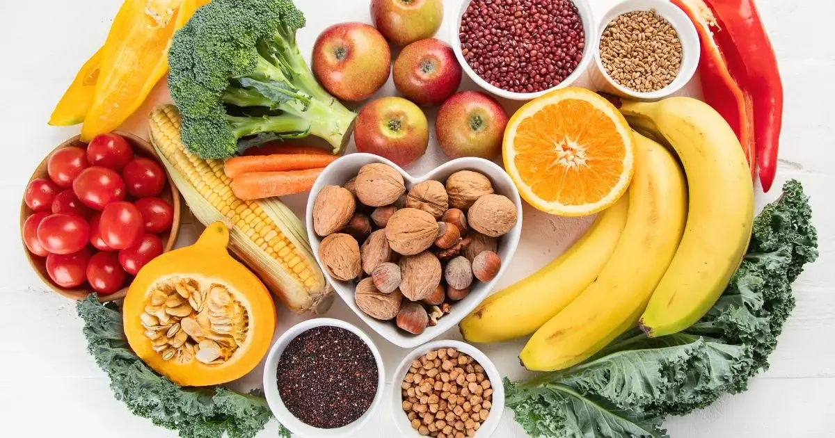 Healthy whole foods with fruits, vegetables, and nuts